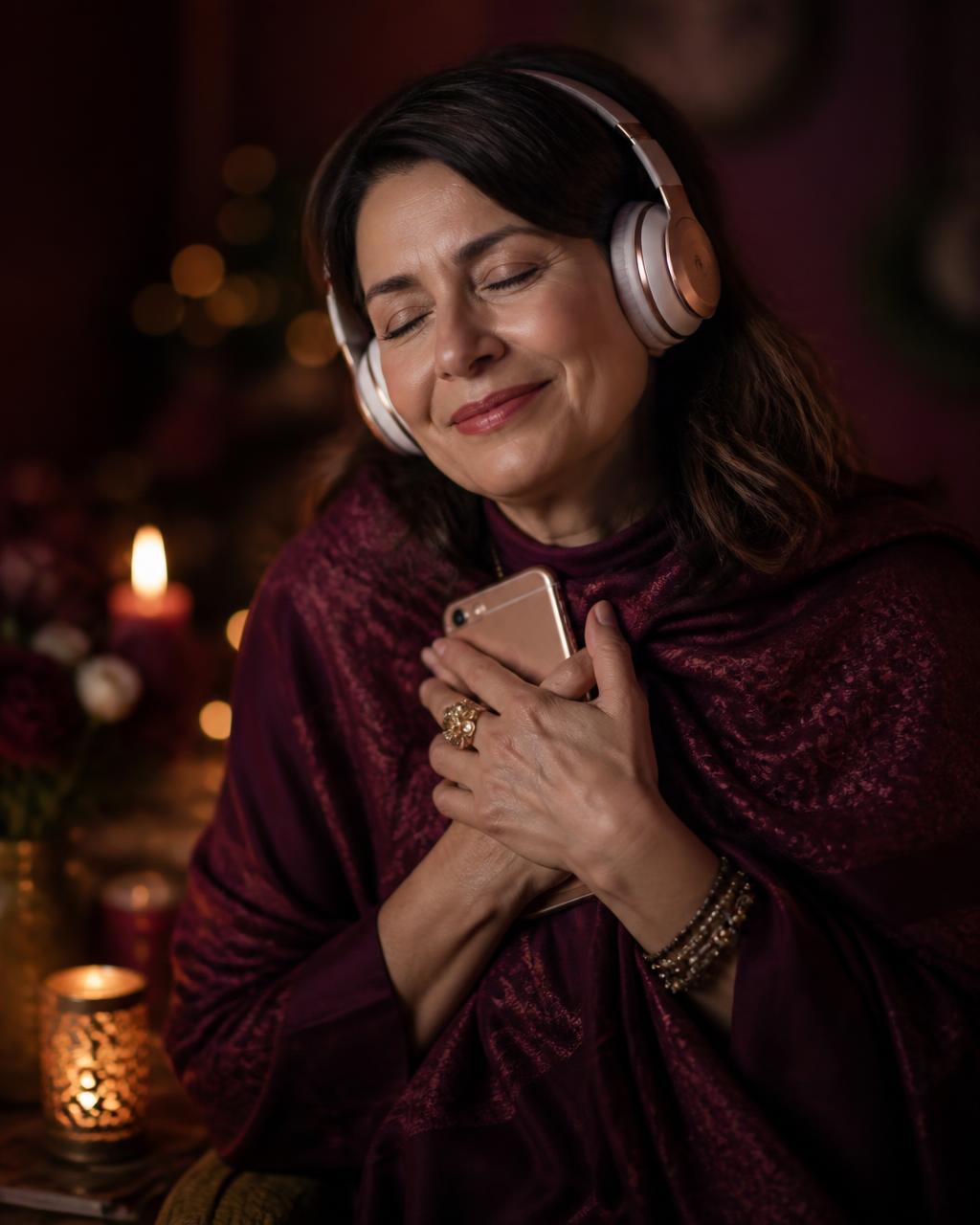 Mulher emocionada ouvindo sua música personalizada